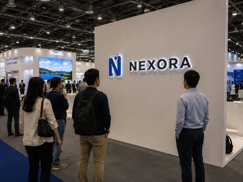 Properly sized LED logo sign visible under bright exhibition hall lighting