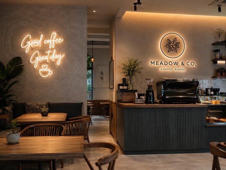 LED neon and backlit logo signs displayed inside a modern cafe