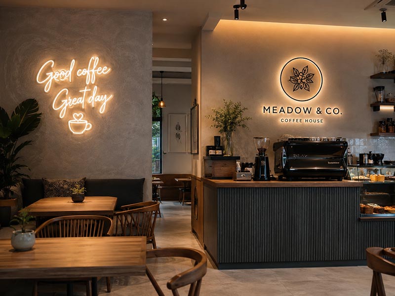 LED neon and backlit logo signs displayed inside a modern cafe