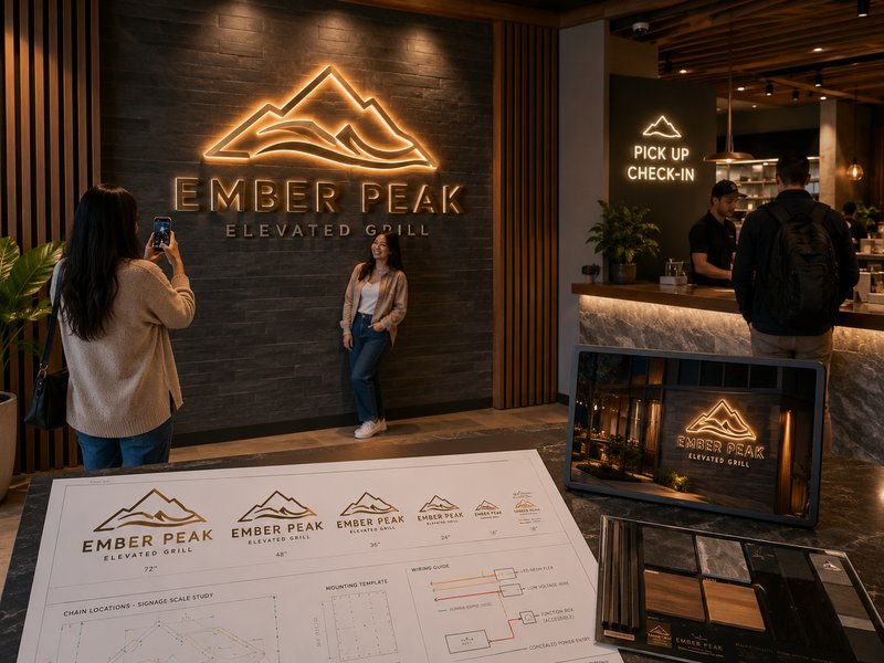 Custom LED neon logo feature wall creating a branded photo zone, customer experience, and consistent chain-store identity