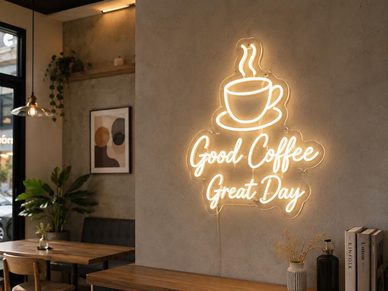 Custom LED neon sign on a cafe wall with soft warm lighting