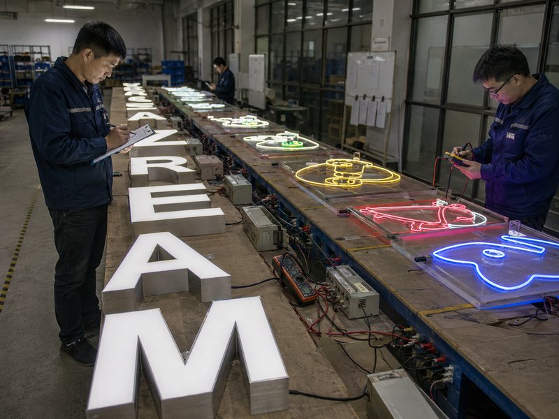 LED neon signs and channel letters undergoing illumination and electrical testing in a sign factory