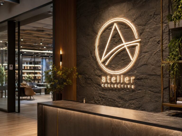 Custom LED neon logo integrated into a premium commercial interior feature wall showcasing 2026 signage trends