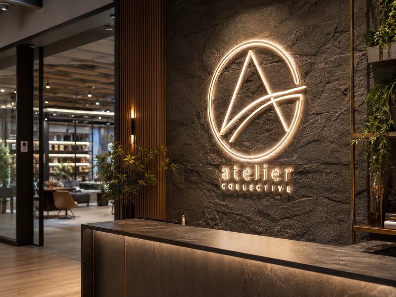 Custom LED neon logo integrated into a premium commercial interior feature wall showcasing 2026 signage trends