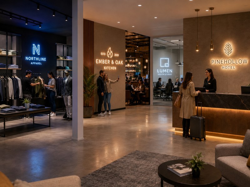 Custom LED neon signs used in retail, restaurant, hotel reception, and office showroom interiors