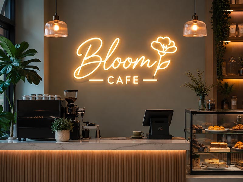 LED neon sign installed in café or retail environment