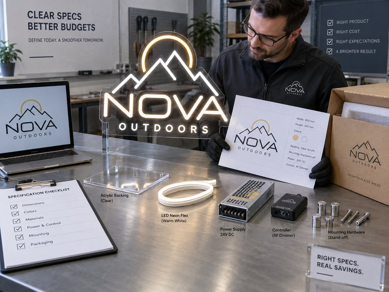 LED neon sign specification review with artwork, Neon Flex, backing, power supply and mounting components for cost control
