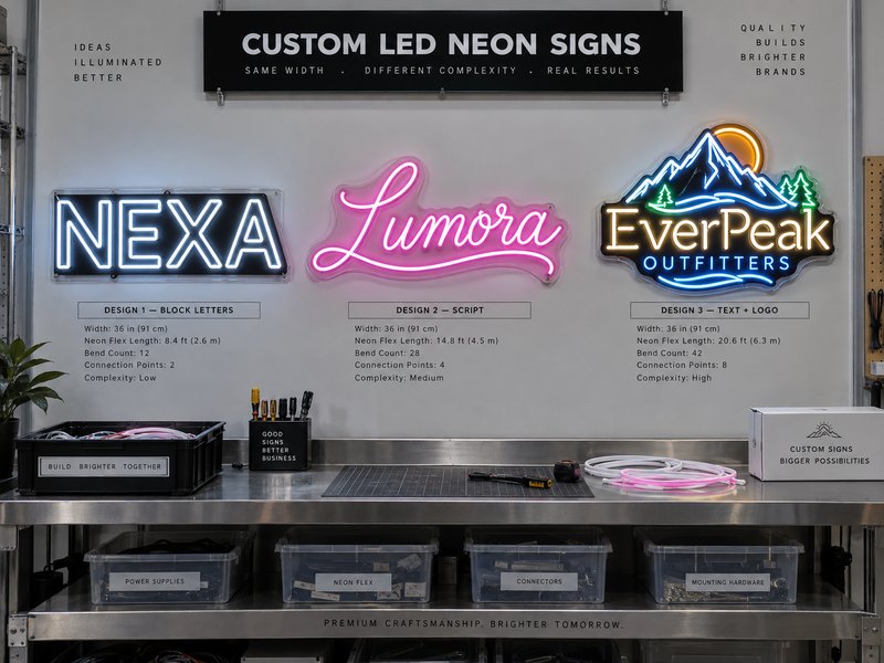 LED neon signs with different sizes, illuminated line lengths and design complexity affecting manufacturing cost