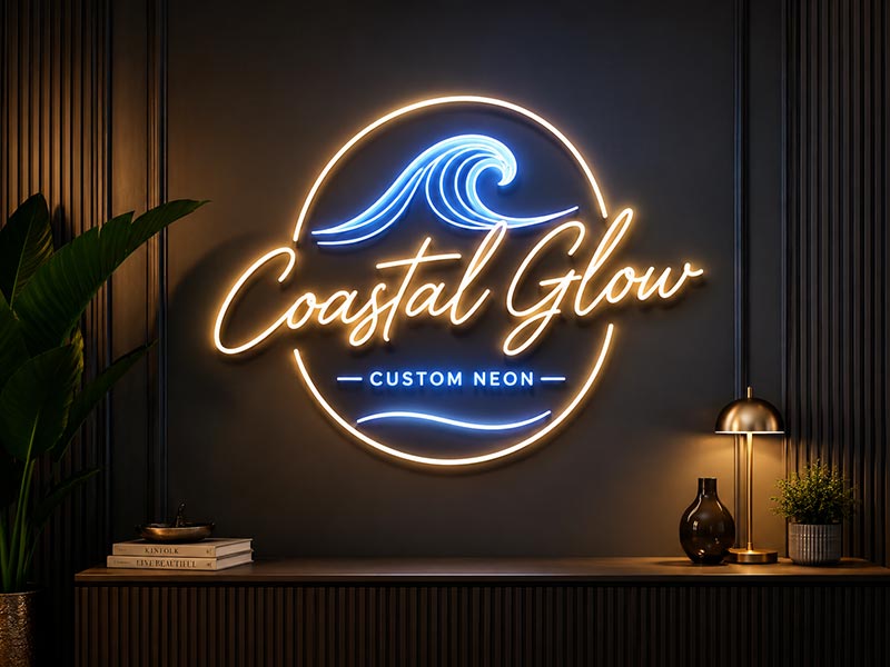 Custom LED neon sign with logo and glowing effect on wall