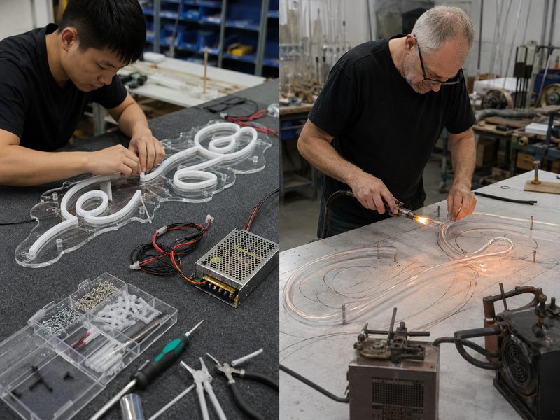 LED neon and traditional glass neon construction comparison in a professional sign workshop