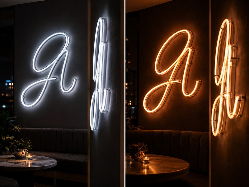 LED neon and traditional glass neon construction comparison in a professional sign workshop