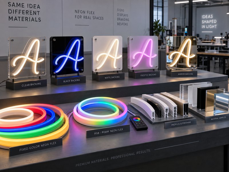 Custom LED neon signs with different Neon Flex, acrylic backing, color and control material options