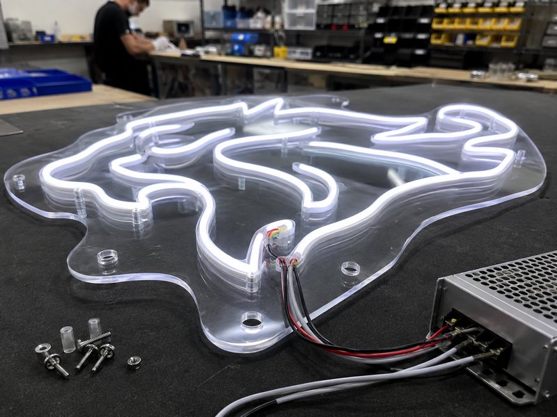 LED neon sign production with acrylic backing wiring power supply and mounting preparation