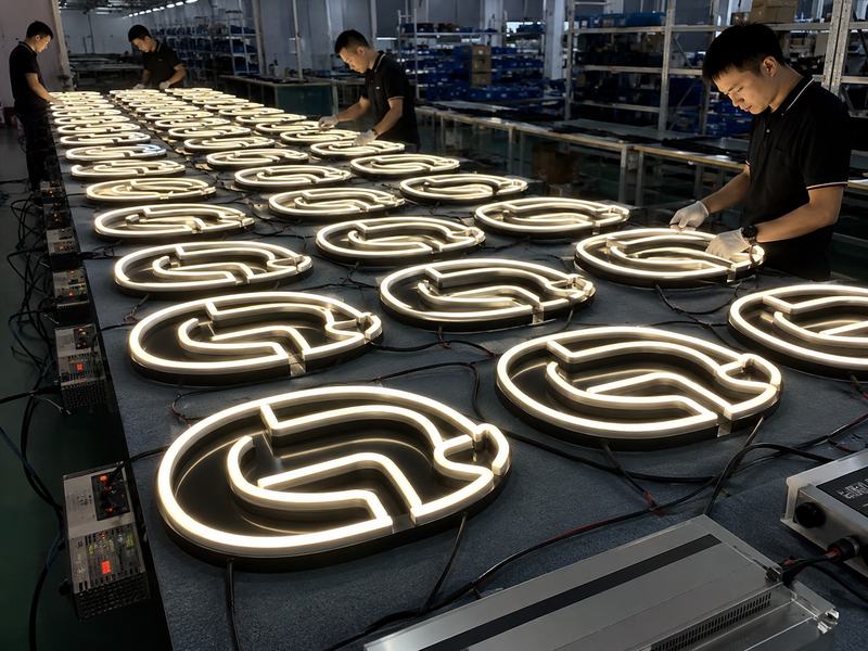 Multiple LED neon signs undergoing batch quality control and lighting inspection