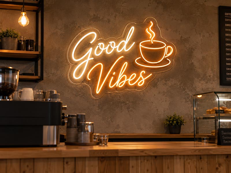 LED neon sign installed in cafe interior with warm glow