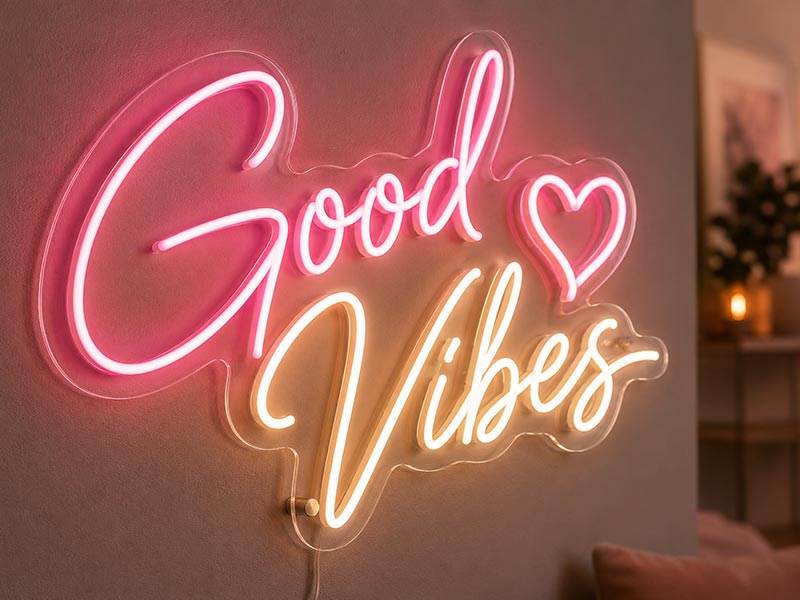 Close-up of LED neon sign with glowing flexible tube