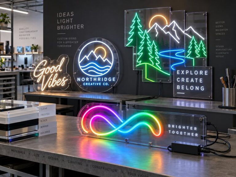 Custom LED neon signs in different sizes, colors and backing styles showing factors that affect LED neon sign cost