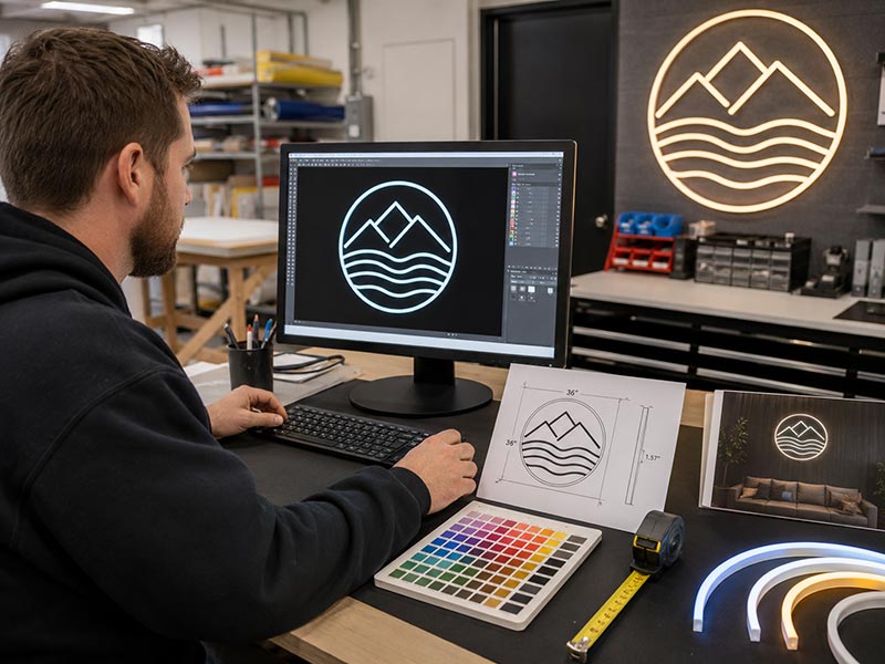 Designer reviewing logo file, size, color, and installation details for a custom LED neon sign