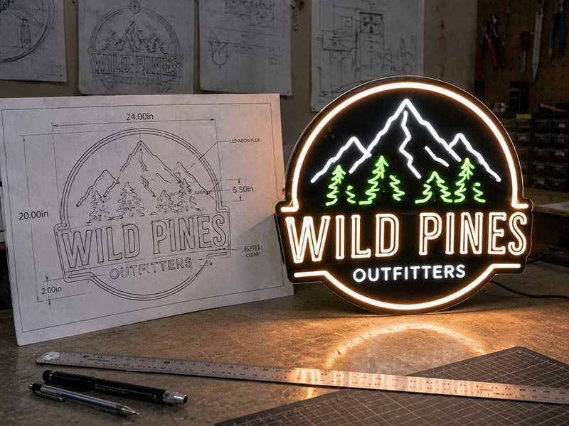 LED neon sign displayed next to its design blueprint showing production accuracy