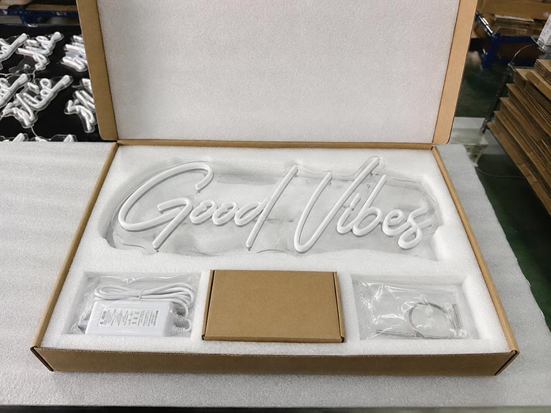 Export packing for LED neon sign with foam protection, accessories, and reinforced carton
