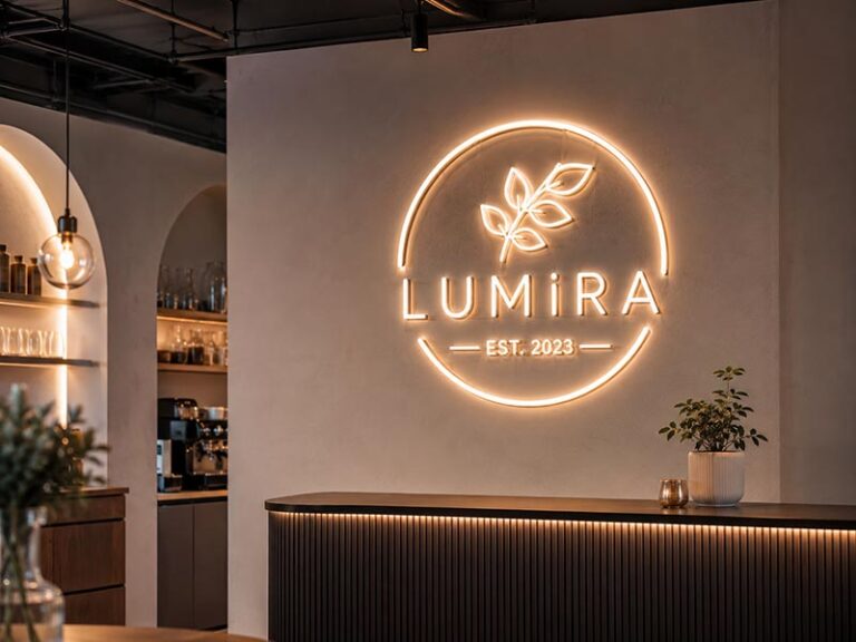 Modern LED neon sign glowing in a stylish interior