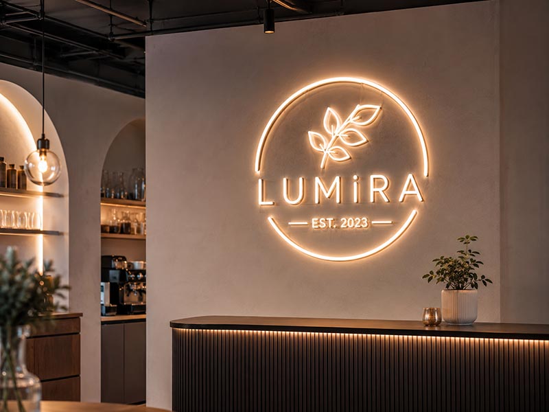 Modern LED neon sign glowing in a stylish interior