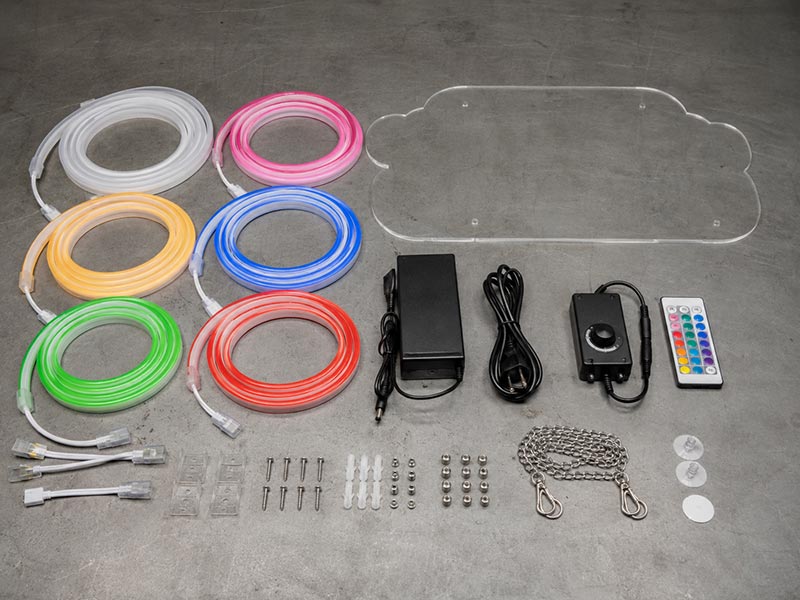 LED neon sign materials including neon flex, acrylic backing, power supply, and mounting accessories