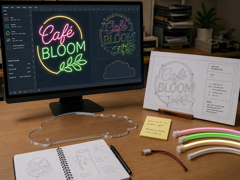 Production-ready LED neon sign mockup with line routing and acrylic backboard planning
