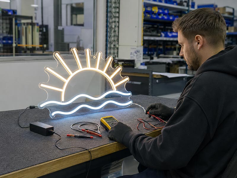 Quality control testing for a custom LED neon sign before shipment