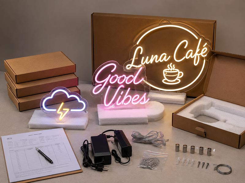 LED neon signs with different sizes and packaging illustrating quote and order considerations