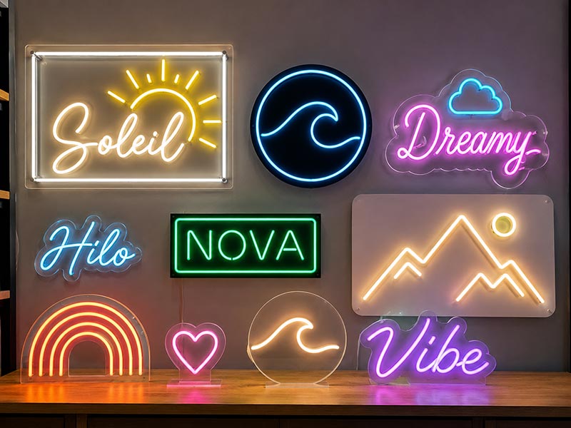LED neon signs displaying different sizes, colors, and backing styles