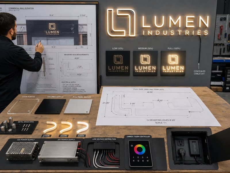 Designer specifying LED neon sign size, color temperature, brightness, acrylic backing, mounting, power, and controls