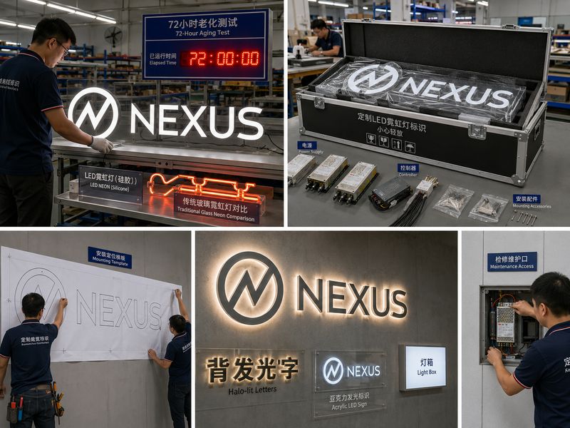 Custom LED neon sign undergoing 72-hour testing, export packing, professional installation, and accessible maintenance