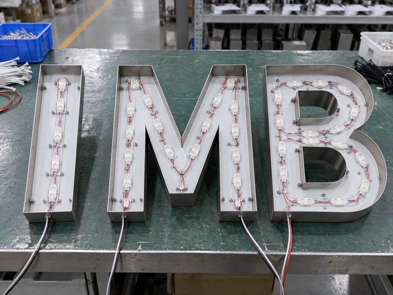 LED modules positioned differently along straight, diagonal, and curved channel letter strokes