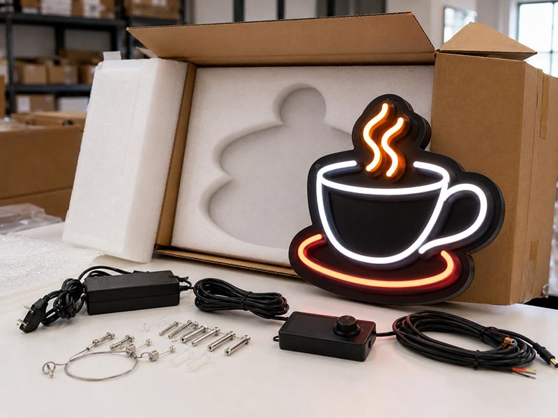 Custom LED sign with export packaging and spare parts showing after-sales support, replacement parts, and shipping protection