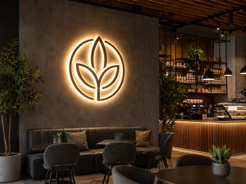 Custom LED sign installed on a retail or restaurant business wall