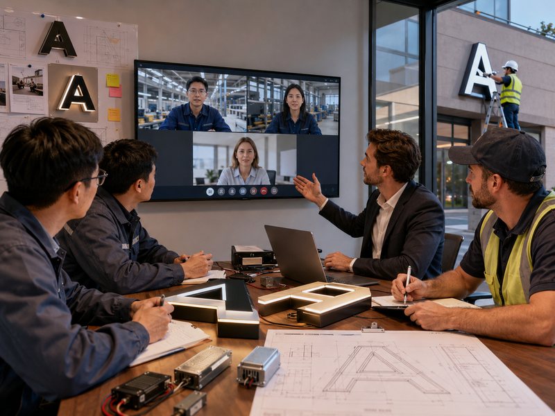 Factory engineers, a brand project manager and a local sign installer reviewing channel-letter drawings during a hybrid signage project meeting.
