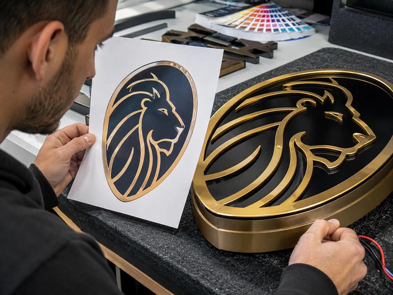 Custom LED sign design accuracy check with logo mockup and finished sign details