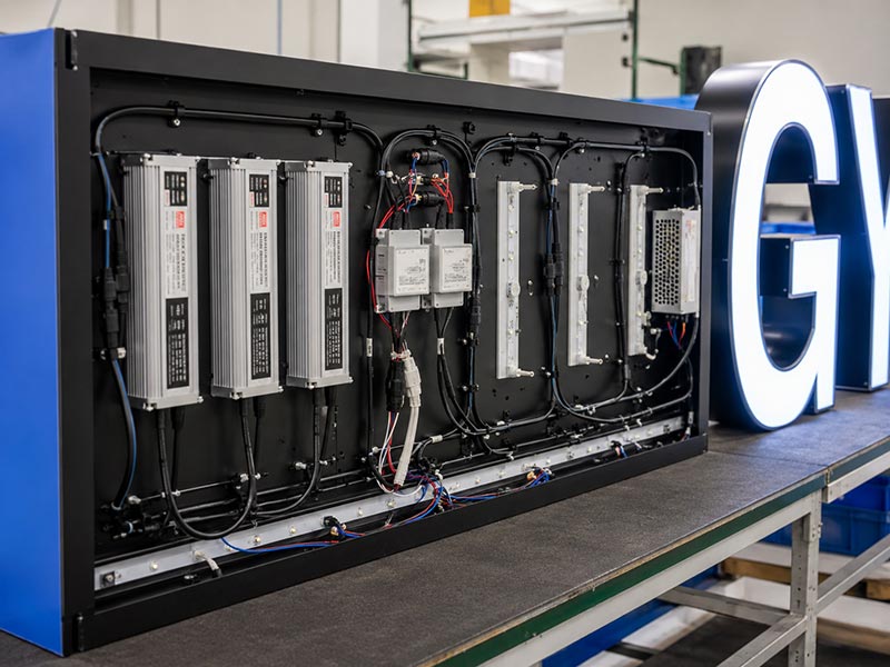 LED sign power supply, wiring, and controller layout