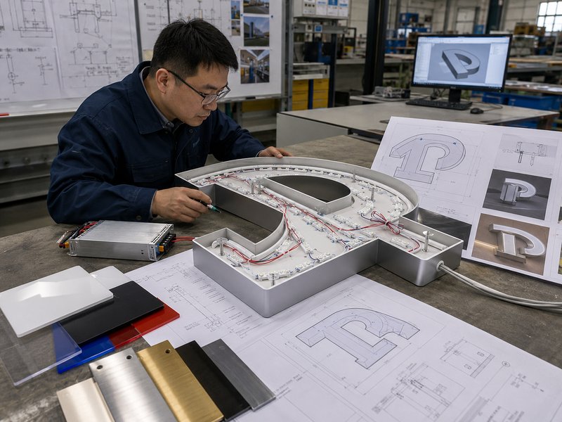 LED sign engineering review with channel letter structure, lighting layout, wiring and mounting details