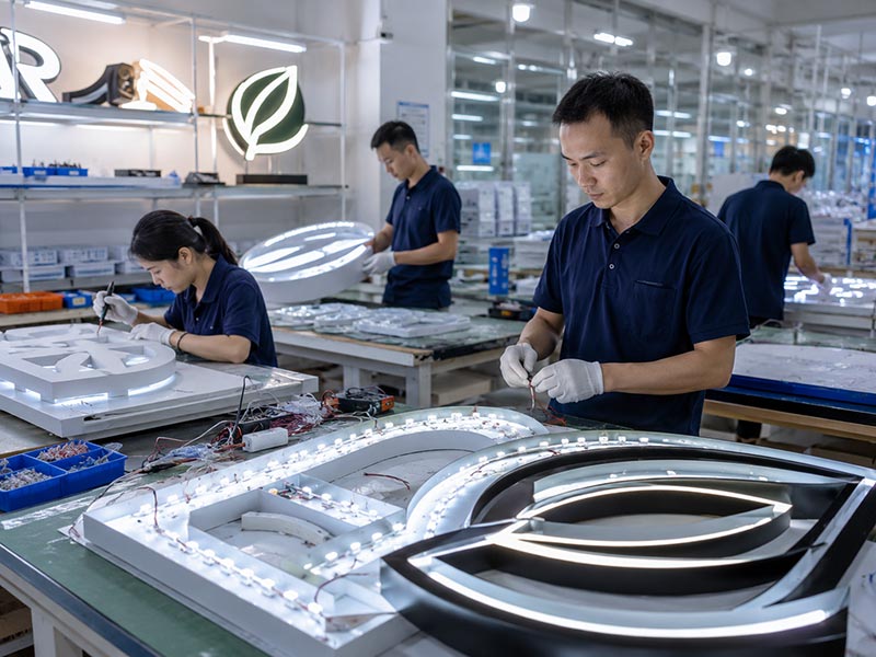 Factory team inspecting custom LED logo signs during production and quality control