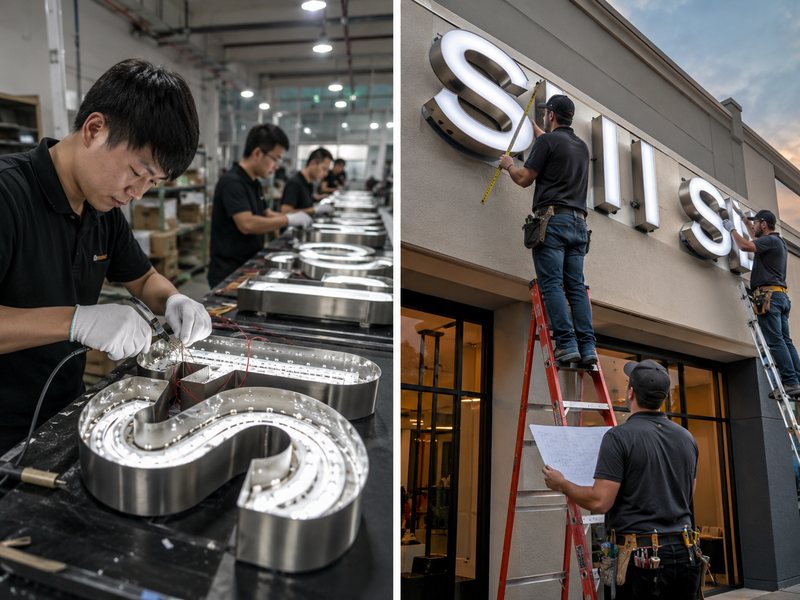 LED sign factory manufacturing channel letters beside a local team installing storefront signage