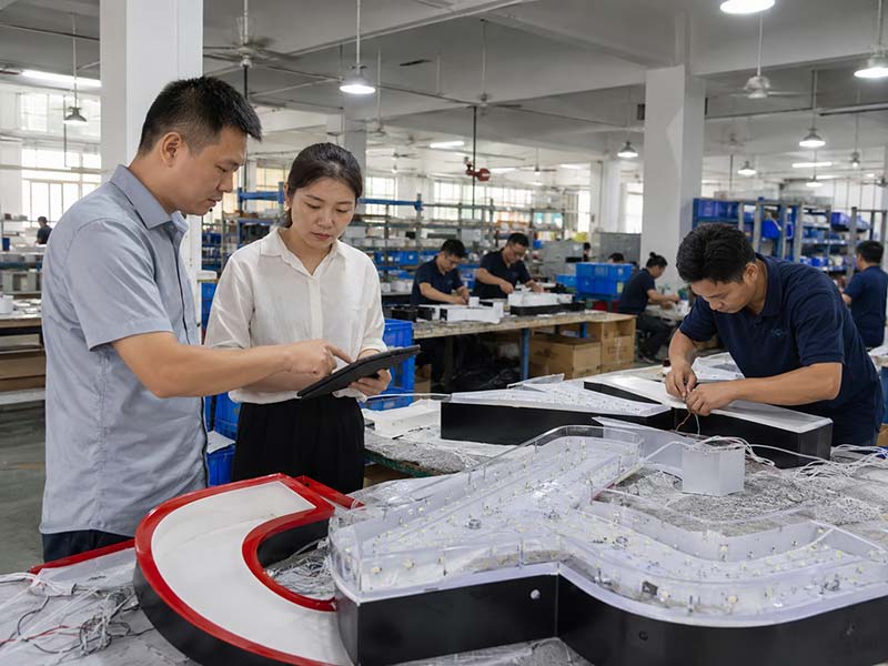 LED sign factory verification scene for importers checking supplier production capability