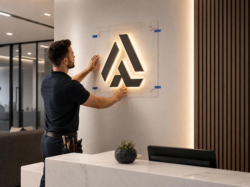 Hidden wiring installation for custom LED sign in a commercial interior space