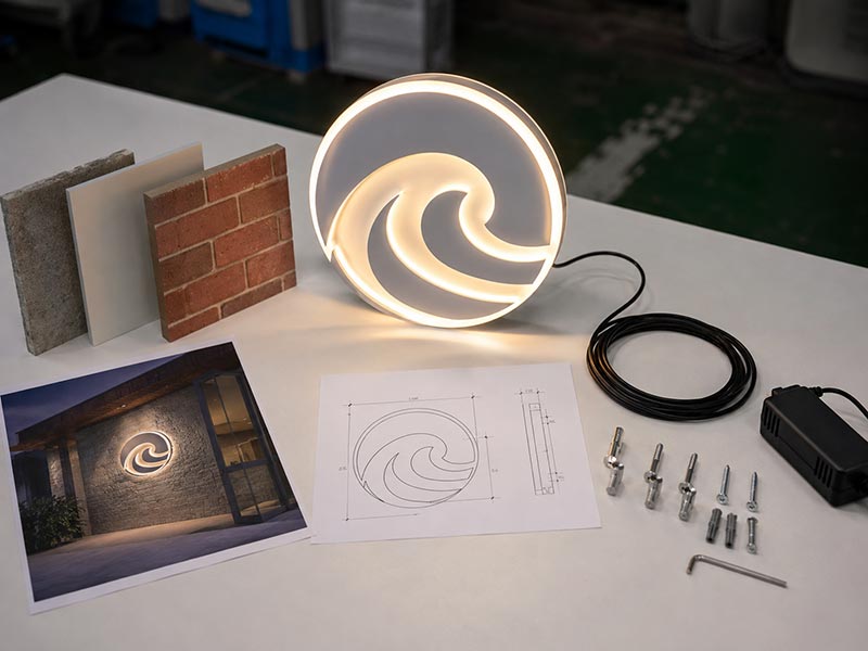 LED sign installation checklist with logo sign, site photo, wall material samples, mounting hardware, and power cable details
