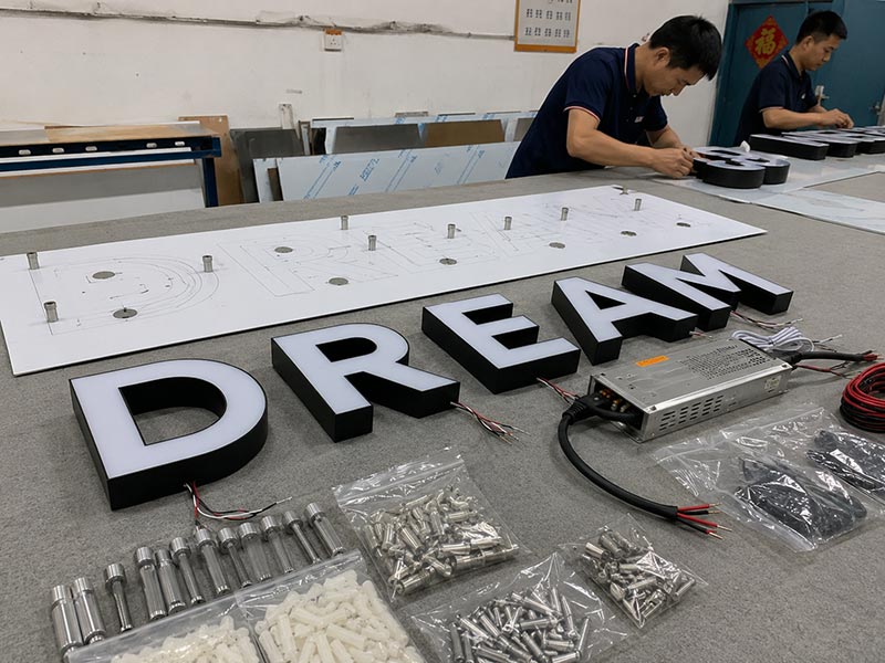 LED sign installation planning with mounting template and wiring accessories