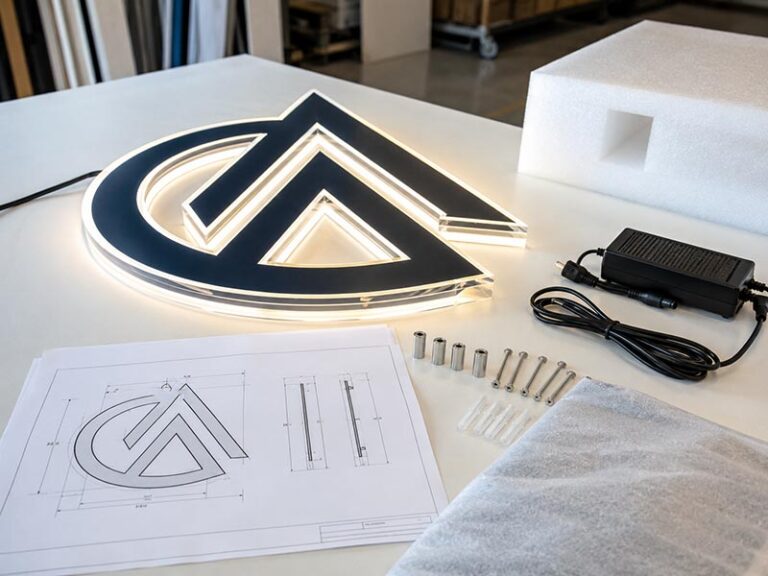 Custom LED sign with installation drawing, mounting accessories, power supply, and wiring prepared for site installation