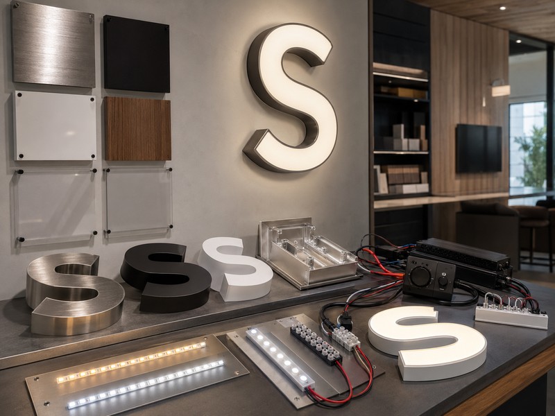 LED sign material and lighting samples including brushed metal, painted aluminum, acrylic faces, and uniformly illuminated test letters