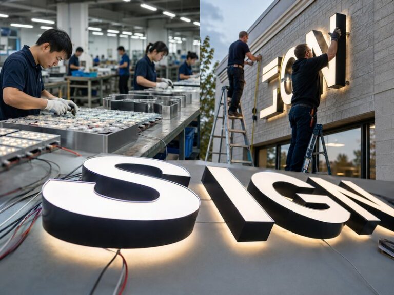 LED sign manufacturer and local sign shop compared through factory production and storefront installation