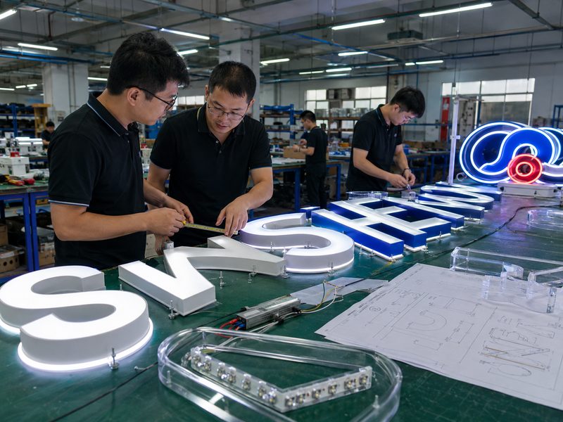 LED sign manufacturer producing and testing custom illuminated channel letters